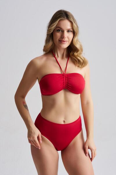 AQUAVİVA Women's Adriana Strapless Push up Halter Neck Tie-Detail Bikini Set Red