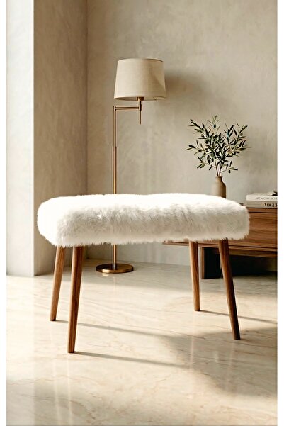 Zelda Beyaz Peluş Puf Ahşap Ayaklı Dekoratif Bench Makyaj Masası Pufu