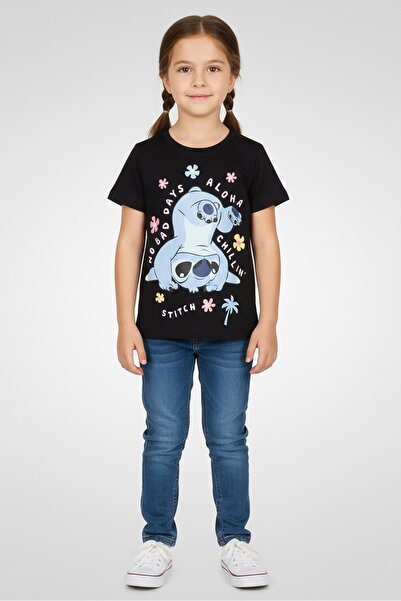 Disney تيشيرت أسود بأكمام قصيرة للبنات الصغيرات بتصميم ليلو وستيتش
