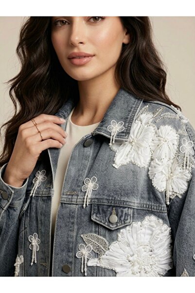 Rabiossa Women's Vintage Lace Detailed Stone Embroidered Denim Jacket
