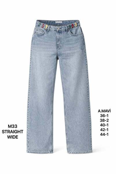 Miss Poem Women's Light Blue Straight Wide Leg Jean Trousers