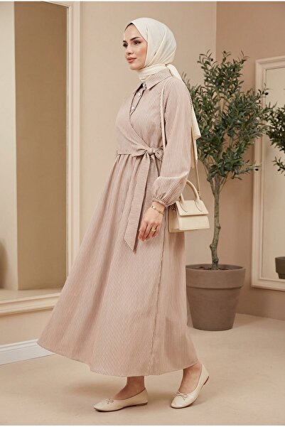 PALME D'OR Women's Striped Shirt Collar Long Dress – Hijab Striped Belted Cas...