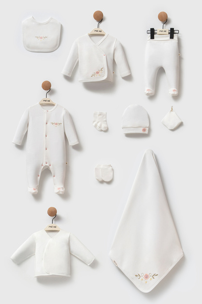 Moi Noi Luxury Floral Collection 10-Piece Newborn Set - Minimalist Embroidery...