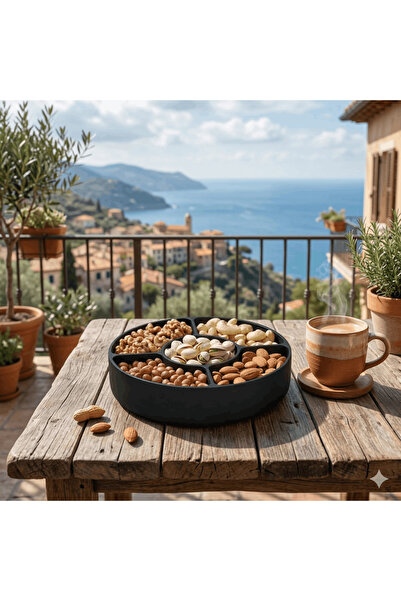 AA AHŞAP 5 Bölmeli Yuvarlak Siyah Sunum Tabağı Çerezlik ve Kahvaltılık - Deko...
