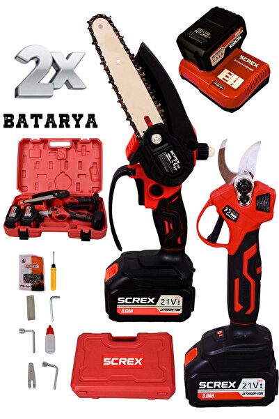 SCREX 21v Çift Akülü Çelik Şanzıman Dal Budama Makası & Testeresi 2 Li Set