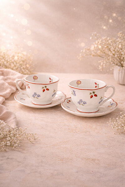 welcomein 2’li Porselen Kahve Fincanı Takımı Çiçek Desenli Altlıklı Zarif Sun...