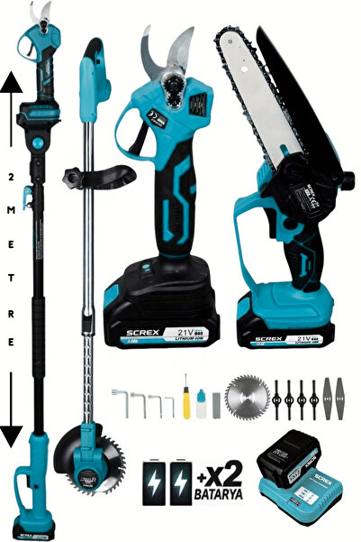 SCREX Profesyonel 4’Lü Set Şarjlı Makas Testere Tırpan Ve Teleskopik Uzatma 2...