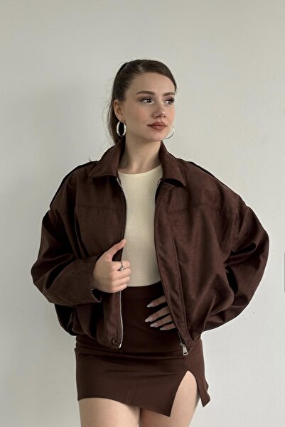 BELİZMOD Zr Oversized Women's Bomber Brown S Suede Jacket