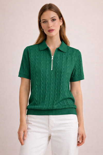 pepule Bluză cu mânecă scurtă, cu guler polo și fermoar, din tricot premium p...