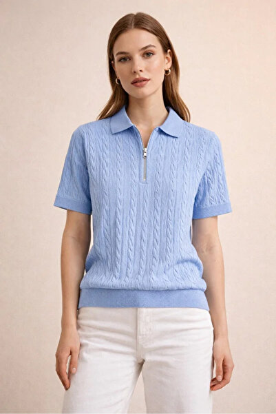 pepule Women's Premium Hair Knit Zippered Knitwear Polo Collar Short Sleeve B...