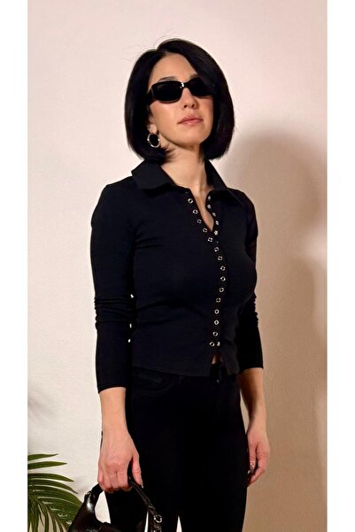 Siyah Polo Yaka Çıtçıtlı Bluz