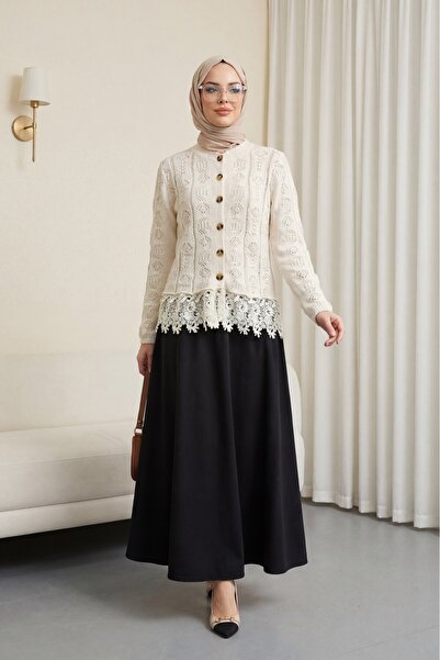 Modamorfo سترة تريكو بـ دانتيل أزرار وتنورة - منقوش قطعة - إكرو