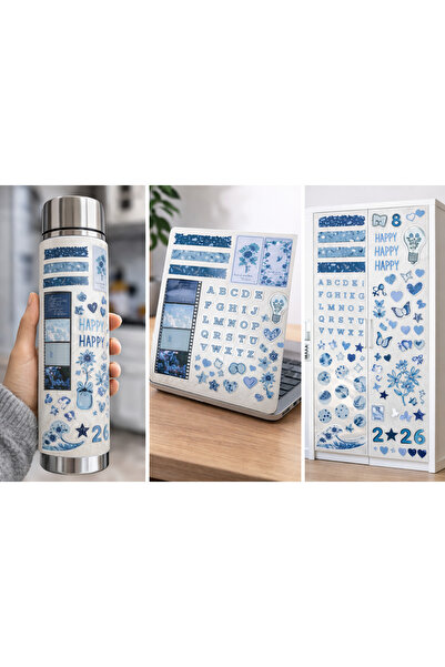 Limitless Design مجموعة ملصقات زرقاء جمالية مقاس 22x30 سم - ملصقات حروف وقلوب...