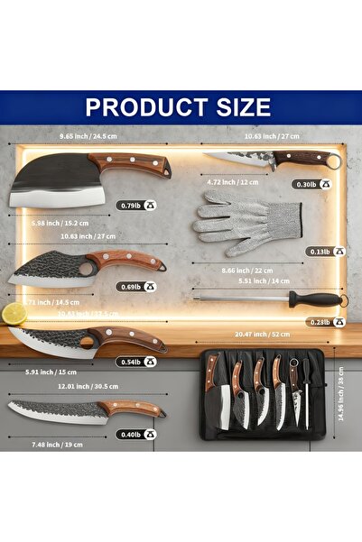 Klyte طقم سكاكين جزار مكون من 8 قطع، مصنوع يدويًا، بمقبض خشبي فائق الحدة مانع...