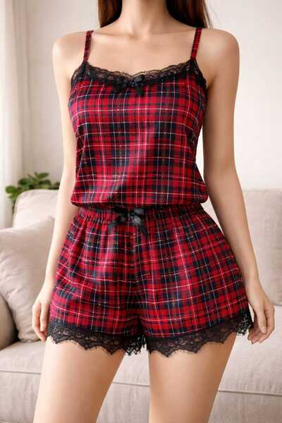 GLİSA IŞILAY Kadın Askılı Şortlu Pijama Takımı Ekose Desenli Dantel Detaylı Y...