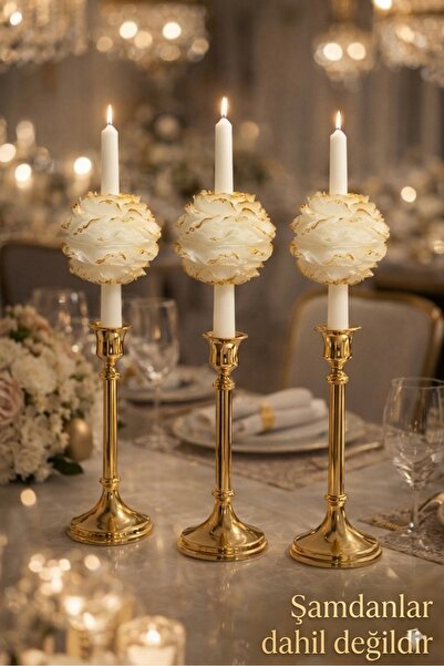 YASMELLA HOME Çiçekli Ve Yaprakları Gold Detaylı 3’lü Dekoratif Mum – Lüks Ma...