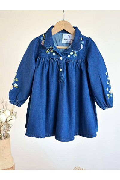 Mireya Kids Denim Dress with Flower Embroidery Detail