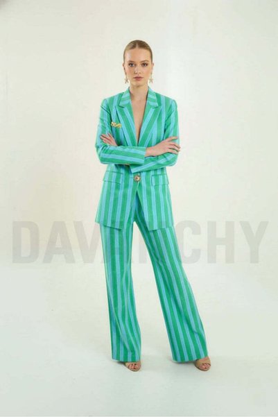 davanchy Women Blue and Green Co-Ord Set Hand Block Print Pant Suit Stylish Two Piece Set