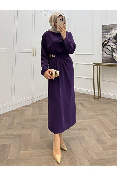 bezenstore GOLD AKSESUAR DETAYLI KREP MOR ELBİSE