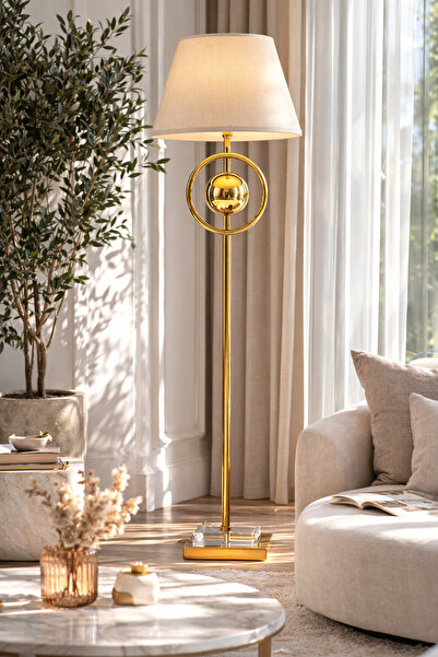 Vinner Aurex Gold Metal Modern Dekoratif Lambader – Krem Şapkalı Salon Aydınl...