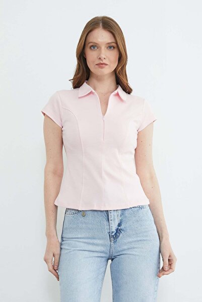 Fulla Moda basic Tricou cu guler polo și jumătate de fermoar slim fit