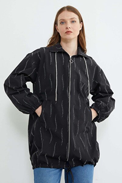 Fulla Moda Stone Detailed Hooded Zipper Trench Coat