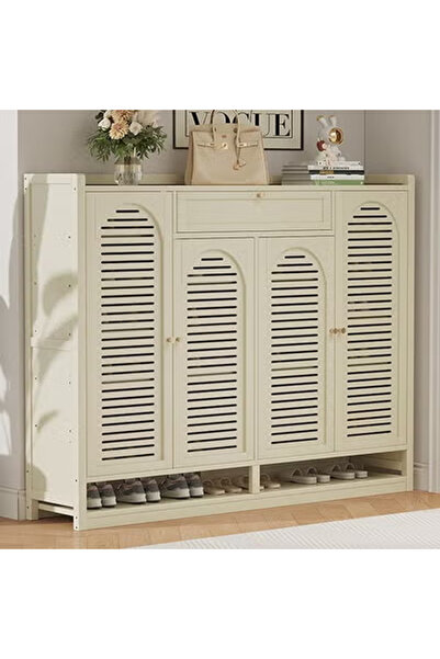 KEKE Shoe Cabinet Milky White Entryway with Four Doors and Eight Layers With ...