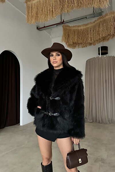 Kıyafetto Siyah Astarlı Cepli Deri Bağlama Aksesuarlı Kürk Ceket HSZ022