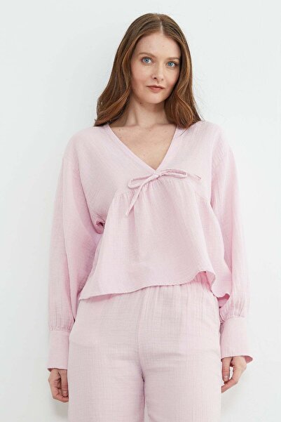 Fulla Moda V-Neck Muslin Fabric Blouse with Tie Detail