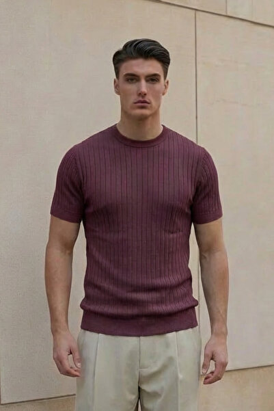 The Champ Clothing Men's Textured Corded Fabric Knitwear T-Shirt Claret Red -...