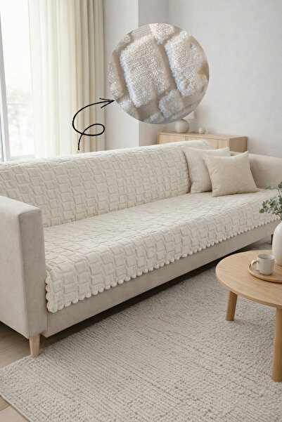 Sevim Embossed Geometric Patterned Sofa Cover - Non-Slip Underlay - 180X215 c...