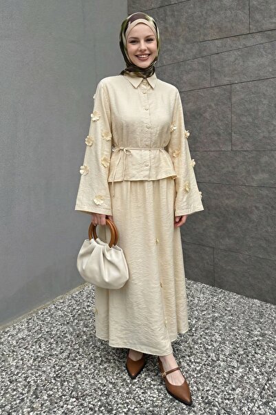 InStyle Μπεζ Σετ με Λεπτομέρεια Λουλουδιών στο Πουκάμισο