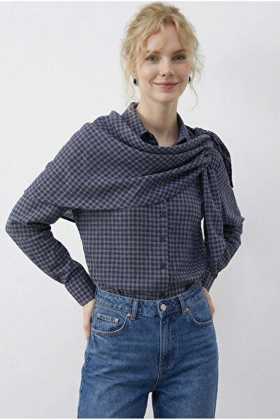 Bianco Lucci Women's Shawl with Accessories Plaid Patterned Shirt 8088 60286016