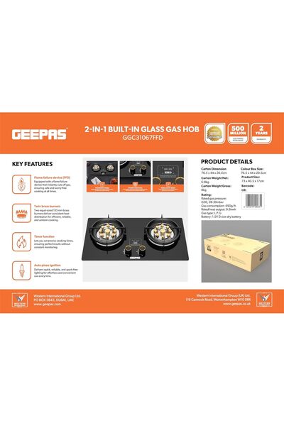 Geepas موقد غاز زجاجي مدمج 2 في 1