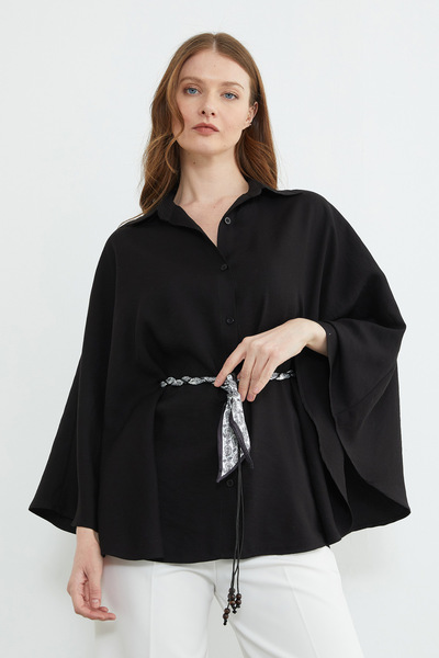 Fulla Moda Belt Detail Buttoned Poncho