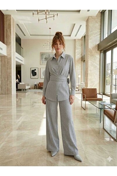 newmisal Women's Comfortable Fit Striped Dok Woven Maş Self-Tie Shirt and Pan...