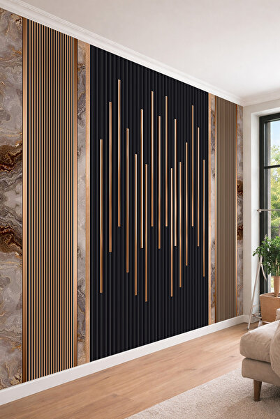 dreamwall Ahşap Çıta ve Mermer Panel Detaylı Işık Çizgi Desenli Tek Parça Tek...