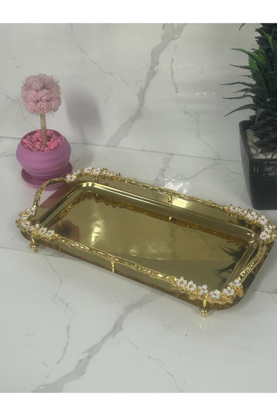 UK HOME ACCESSORIES Gold Çiçek Detaylı Lüks Sunum Tepsisi - Kahve, İkram, Ser...