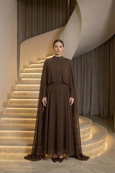 hakimoda Elmina Chiffon Evening Dress Brown