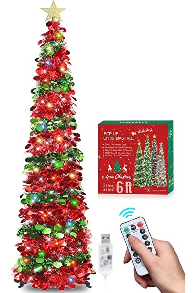 NO BRAND HMASYO Brad de Crăciun Pop-Up Tinsel de 1,8 m cu 100 de luminițe col...