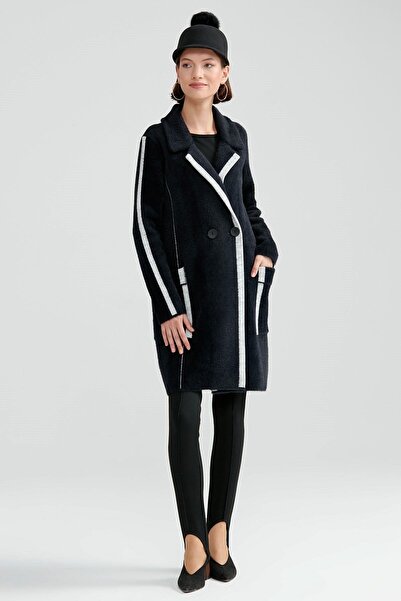 Tığ Triko Palton de damă din tricot cu detalii în dungi și nasturi - Negru