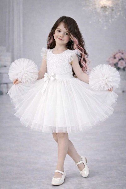 RUMİ KİDS Kollu Tüllü Kız Çocuk Abiye Parti Elbise Ponponlu SİMLİ