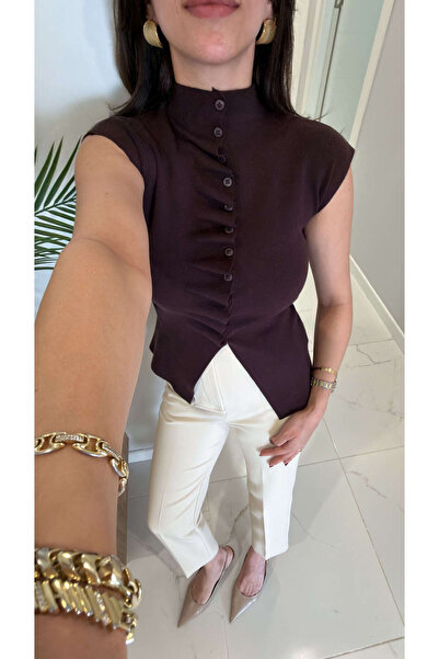 BİRCANÇİL Dionla Kahve Kendinden Ruched Sleeveless Cardigan