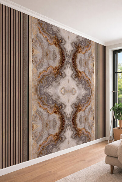 dreamwall Ahşap Çıta ve Simetrik Mermer Desenli Tek Parça Tekstil Duvar Kağıdı