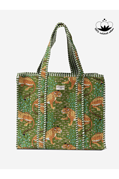 Strippe Leopar Desenli Pamuklu Kumaş Yeşil Günlük Omuz Çantası - Tote Bag