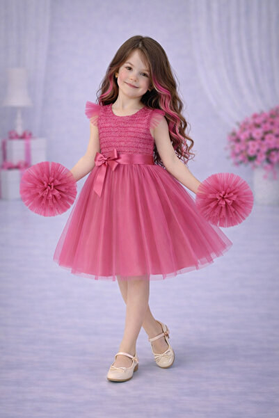 RUMİ KİDS Kollu Tüllü Kız Çocuk Abiye Parti Elbise Ponponlu SİMLİ