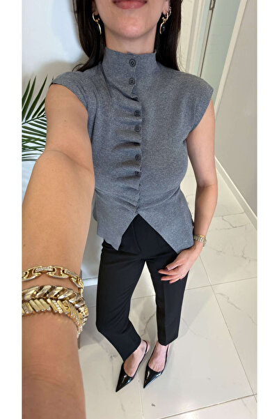 BİRCANÇİL Dionla Gray Self Ruched Sleeveless Cardigan