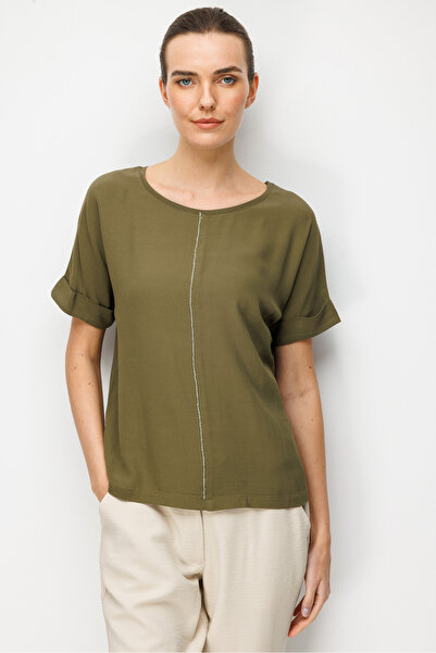 Desen Triko Women's Crew Neck Low Sleeve Combed Cotton T-Shirt with Stones on...