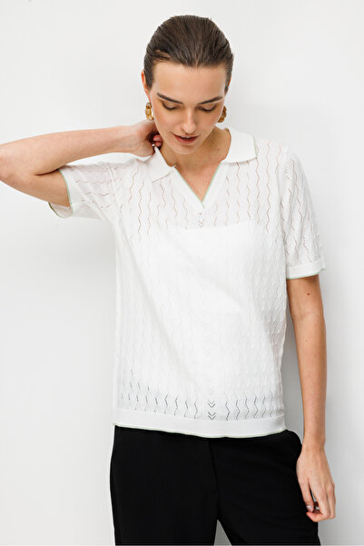 Desen Triko Γυναικεία πλεκτή μπλούζα με λαιμόκοψη πόλο, διάτρητη, λεπτή, από ...