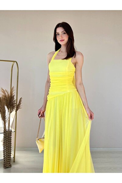 For Angels Halter Neck Dress Tie-Detail Ruched Lined Tulle